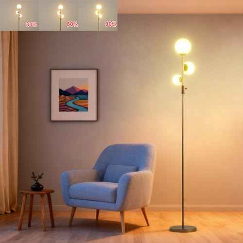 Fiqevs Upgrade Dimmable Floor Lamp, 3 Globe Mid Century Floor Lamps for Living Room with Frosted Glass Shade and 3 LED Bulbs, Vintage Modern Gold Standing Lamp for Bedrooms, Office - Antique Brass