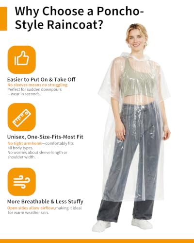 Hitituto Clear Rain Ponchos for Adults - Extra Long Hooded Emergency Pack 6pcs