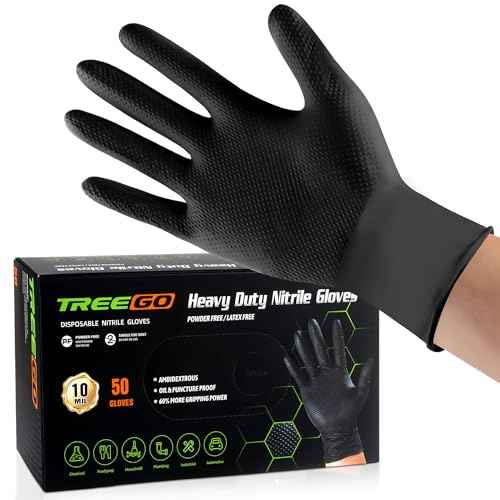TREEGO 10 Mil Black Nitrile Gloves Large, Heavy Duty Disposable, Raised Diamond Texture, Latex-Free Rubber Gloves for Mechanics, Janitorial, BBQ, DIY