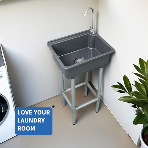 Gray Freestanding Single Bowl Utility Sink with Faucet Hole - Kitchen Laundry Tub
