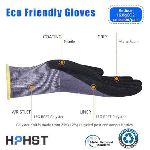 Work Gloves, Eco Friendly Spandex Liner Nitrile Coated Safety Gloves, EP2001 Grey 12 Pairs