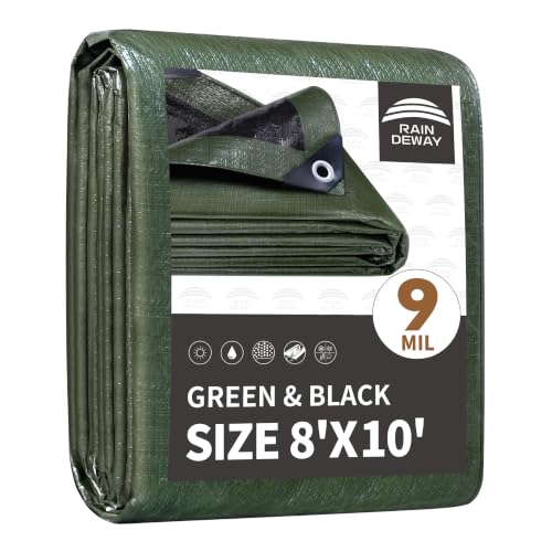 RAINDEWAY 8x10 Feet Waterproof Poly Tarp - Green/Black, 9Mil Heavy Duty Cover