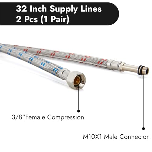 Midanya 32-Inch Stainless Steel Sink Hose 3/8” Female x M10 Male Faucet Supply Line - Pack of 2
