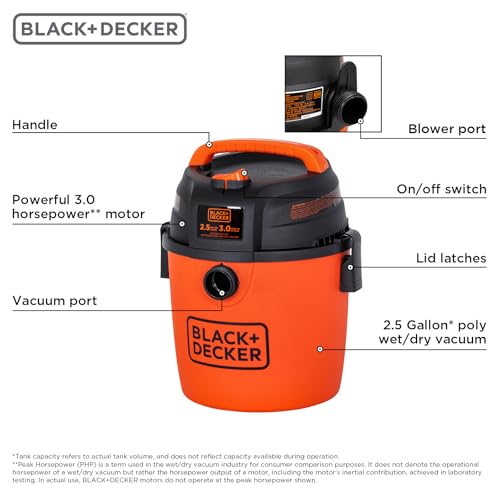 BLACK+DECKER 2.5 Gallon 3 HP Wet Dry Shop Vacuum Cleaner with Accessories