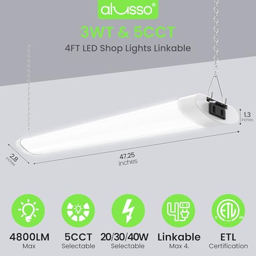 ALUSSO 4FT LED Shop Lights 4800LM 40W 2-Pack, 5 CCT Adjustable, Linkable Garage & Workshop Lighting