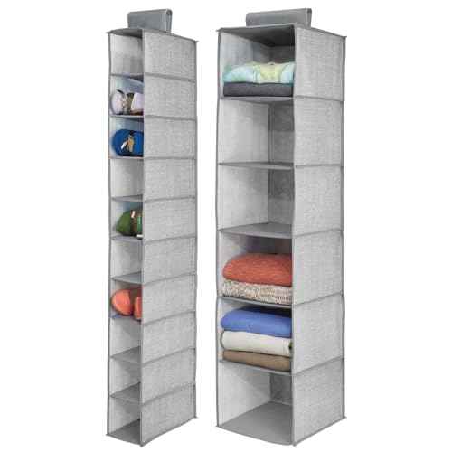 mDesign Fabric Over Rod Hanging Closet Storage Organizers, Includes a Wide 6-Shelf Sweater Organizer, and a Narrow 10-Shelf Shoe Rack - Textured Print - Set of 2 - Gray