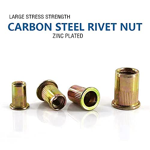 100PCS 1/4"-20 Rivet Nuts, Carbon Steel UNC Rivet Nut Set, Flat Head Threaded Rivets Nut Inserts for Metal(1/4"-20)