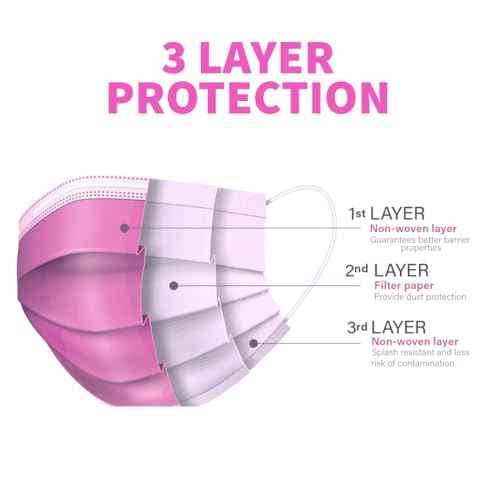 50PCS Pink Disposable Face Masks, Non-medical, 3 Layer Protection Face Masks for Adult, Teenager, Seniors (50, Pink)