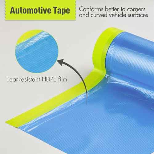 Pre-Taped Masking Film for Painting - 44" x 66' Painters Plastic Sheeting with Automotive Paint Tape and Drape for Covering Cars, Walls, Windows and Furniture Protection (1 Roll)
