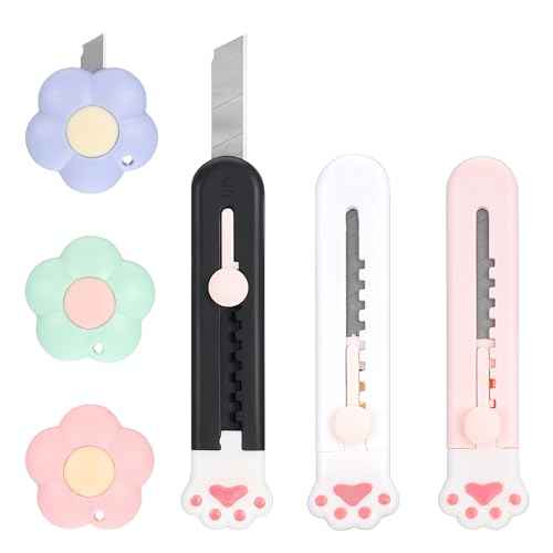6 Pack Cute Box Cutter, Cat Paw Boxes Cutters Mini Box Cutter Utility Retractable Knives Cloud Pointed Pointed Cute Cardboard Razor Knife for Office, Home, Arts Crafts, Cartons, Cardboard, Paper