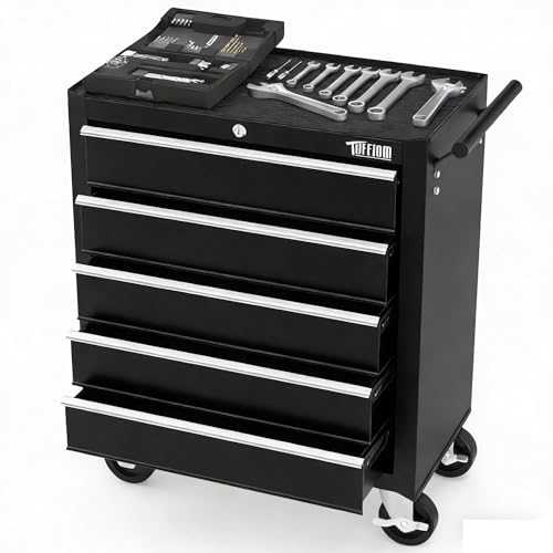 TUFFIOM Black 5-Drawer Rolling Tool Chest with Lockable Wheels, Top Cushion & Drawer Liners
