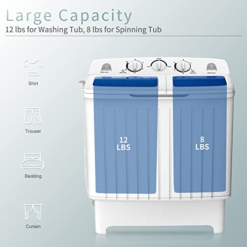 COSTWAY Portable Twin Tub Washing Machine 12Lbs Wash & 8Lbs Spin, Blue + White