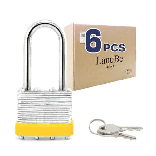 LanuBe Lock Laminated keyed Padlock (1-9/16", 40mm), keyed Alike Locks, Long Shackle,Marked Yellow Plastic Hoop, Pack of 6