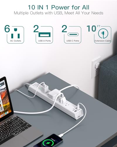 Addtam White & Grey 10 ft Heavy Duty Power Strip with 6 AC Outlets & 4 USB Ports
