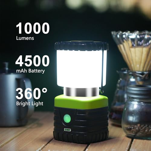 2PCS 6500K White Light LED Camping Lantern Rechargeable 1000LM, 4500mAh Power Bank, Flashlight for Hurricane Emergency, Hiking, IP44 Waterproof Lantern(Black)