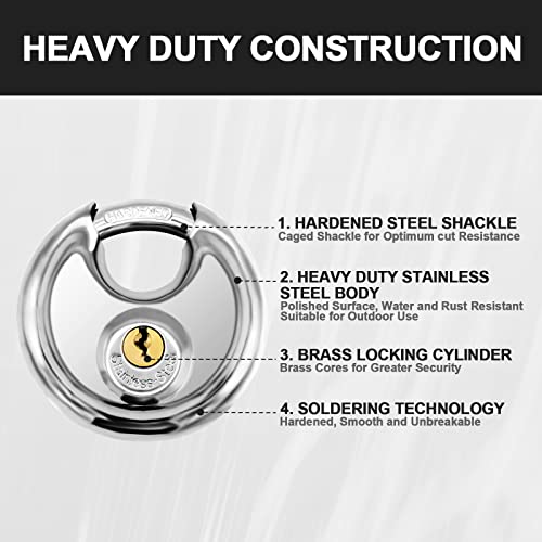 Vervida¢ç Keyed Padlock 70mm Waterproof Stainless Steel, 3/8 Inch Shackle Heavy-Duty Round Outdoor Lock for Storage Units & Garages 4-Pack with 12 Keys (Keyed Different)