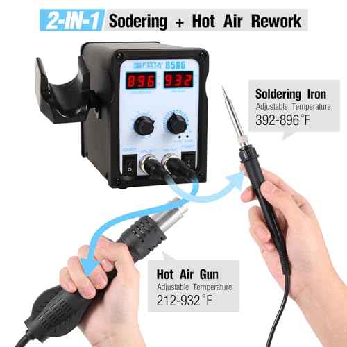 FEITA 8586 SMD Hot Air Rework Station 2 IN 1 Digital Soldering Iron & Heat Air Gun with 5 Solder Tips, 1 Solder Sucker, 1 Solder Wire, 1 Curved Tweezer, 3 Nozzles Kit
