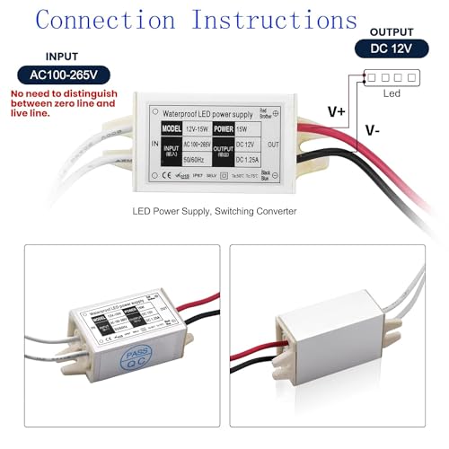 Lustaled 15W 12V Waterproof LED Power Supply Driver 2-Pack