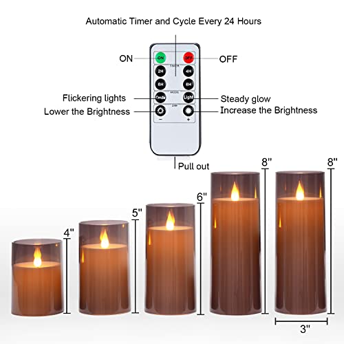 Gray Flickering Flameless Candles Set of 5 - Battery Operated Acrylic LED Pillar Candles with Remote & Timer