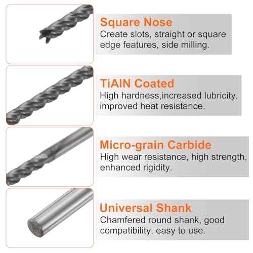 HARFINGTON Carbide Square Nose End Mill Bit 1/16" Cut Dia 4 Flutes TiAlN Coated Milling Cutter for Hardened Steel Metal (1/16" Shank 1" Cut Length 3" Long 30 Degree HRC53-55)