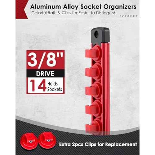 3/8" Magnetic Socket Holder Organizer - Aluminum Alloy Socket Rail Tray for Tool Box Drawer, Socket Rack with Extra 2Pcs Replacement Clips for Automotive Garage(Red)