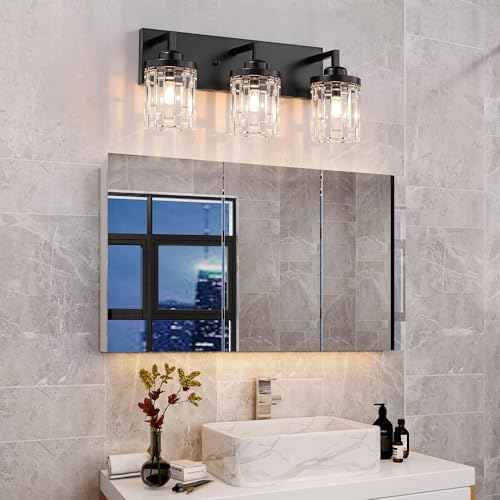Black Vanity Light, 3 Light Crystal Modern Farmhouse Bathroom Lights, with Clear Glass Shade, Rustic Bathroom Light Fixtures, Black Bathrooms Wall Light Over Mirror for Living Room, Bedroom, Hallway