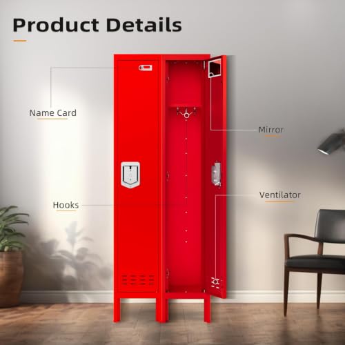 Red Metal Locker Cabinet 66-Inch One-Door Storage for Office, School, Gym