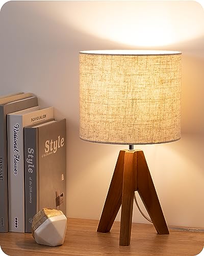 EDISHINE Small Tripod Bedside Lamp with Light Brown Wooden Finish, 14.2 Inch, E26 Base