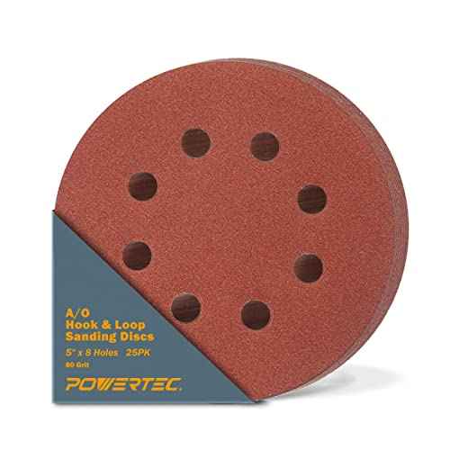 POWERTEC 25PK, 80 Grits, Sanding Discs 5 Inch - Hook and Loop, 5 Inch 8 Hole Aluminum Oxide Sandpaper Discs, Woodworking Sanding Pads for Random Orbital, Palm, Air, DA & Pneumatic Sander (45008)