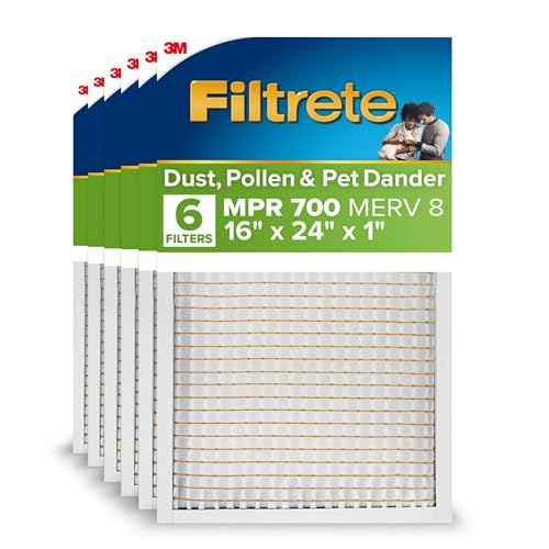 Filtrete 16x24x1 AC Furnace Air Filter, MPR 700, MERV 8, Tough on Pollen, Easy on Airflow, 3-Month Pleated 1-Inch Electrostatic Air Cleaning Filter, 6-Pack (Actual Size 15.81 x 23.81 x 0.81 in)