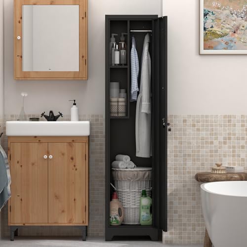 IRONFFICE Narrow Black Metal Utility Closet with Hanging Rod, 64.96 in Tall