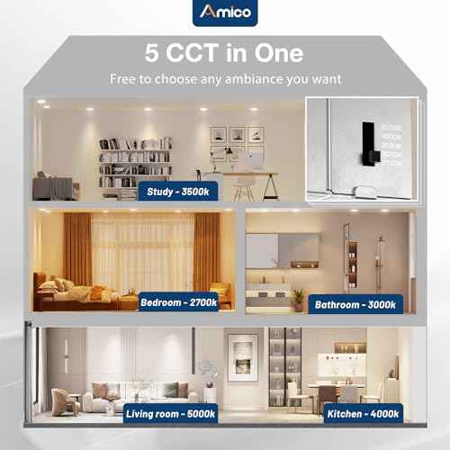 Amico 12 Pack 6 Inch 5CCT Ultra-Thin LED Recessed Ceiling Light with Junction Box, 1050LM Brightness, Dimmable Canless Wafer Downlight, 12W, ETL&FCC