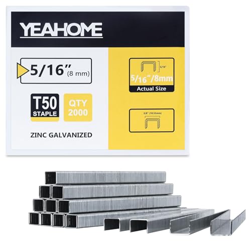 YEAHOME Heavy Duty Galvanized T50 Staples 3/8 Inch Crown, 2000 Count, 5/16 Inch Version for Staple Gun
