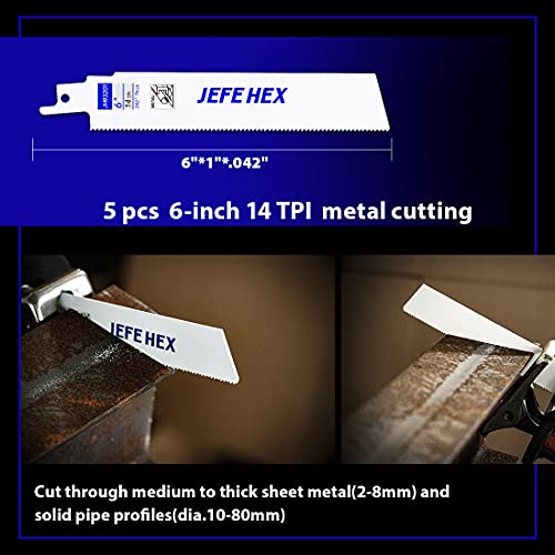 JEFE HEX 5-Piece Reciprocating Saw Blades - 6 Inch 14 TPI Saw Blade Set Bi-Metal Construction with Cobalt for Heavy Duty Metal Cutting and Wood Cutting