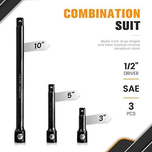 1/2-Inch Drive Impact Extension Bar Set | 3 Piece Socket Extensions 3" 5" & 10" Length | Premium Cr-V Steel with Black Phosphate Finish