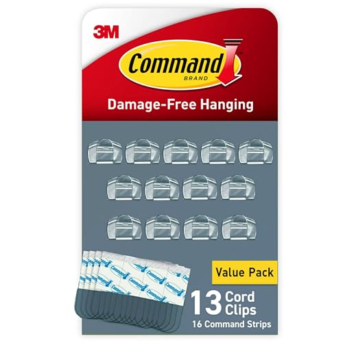 Command Clear Cord Clips Pack of 13 with 16 Strips - Damage-Free Cable Organizer
