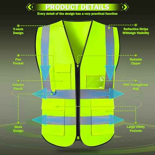 HCFGS Reflective Safety Vest for Women Men,High Visibility Security Vest with Pockets and Zipper Front Construction Work Vest,Meets ANSI Standards