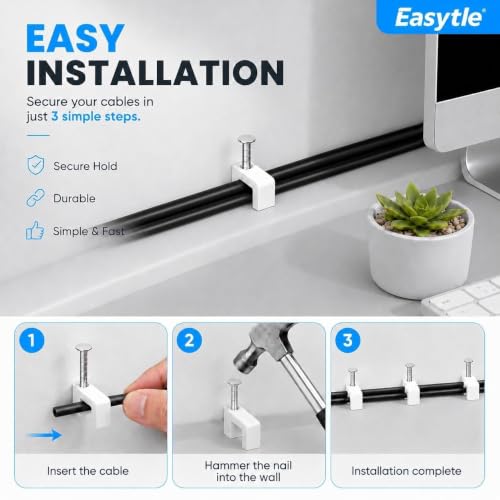 Easytle 100 Pcs Cable Clips Nail-In Flat Ethernet Cable Wall Tacks for Coax, Speaker & Power Cords