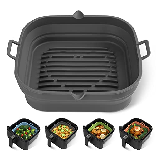 Loveuing Gray Silicone Air Fryer Liners Square, 8.5 inch, Reusable & Non-Stick 5.8-8 Qt
