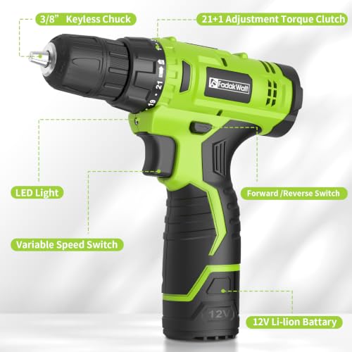 FADAKWALT Green 12V Cordless Drill Set with Battery & Charger, 21+1 Torque, LED Light