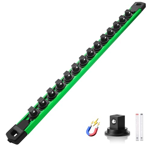 Reniteco Magnetic Socket Organizer 3/8” Aluminum Rail with 14 Clips, Green (Variation)