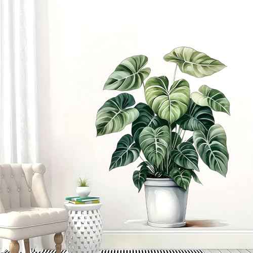 Green Plant Potted Wall Stickers, sacinora Broad-Leaved Plant Art Wall Decals Removable Vinyl Peel and Stick for Living Room Bedroom Study Room Kitchen Home Decorations