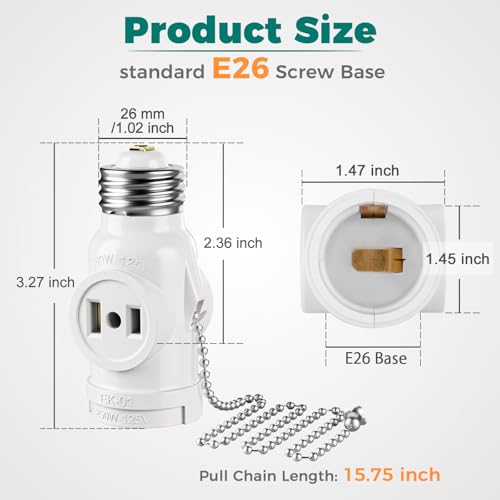 DiCUNO 2-Pack UL Listed E26 Light Socket to Plug Adapters with 15.75" Pull Chain - White