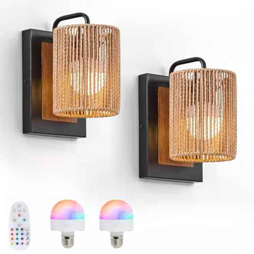 Battery Operated Wall Sconces Set of 2, Wireless Boho Rattan Wall Lights with Dimmable Bulbs, Remote & 12-Color RGB, Rechargeable Lamps for Bedroom, Living Room, Hallway Indoor Lighting