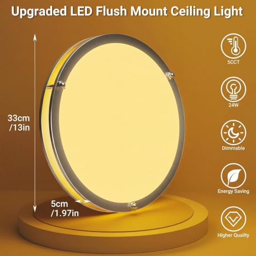 Libtit 13-Inch Brushed Nickel Flush Mount LED Ceiling Light Dimmable 3000K-6500K