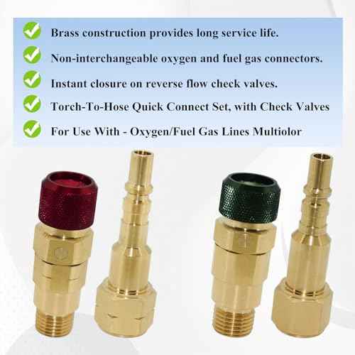 QDB10 Quick Disconnect Kits for Torches with Check Valves, Torch-to-Hose Set, Fuel-Red, Oxy-Green, Brass