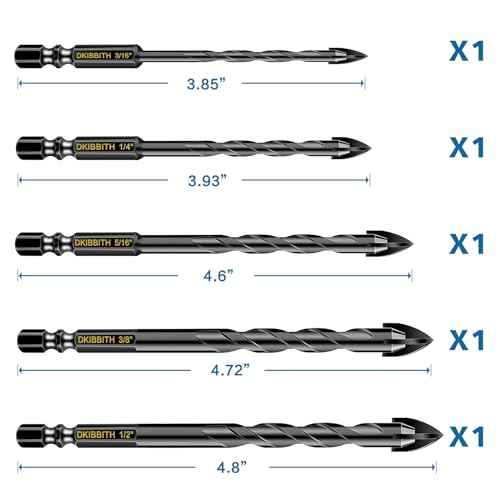 5 Pcs Masonry Concrete Drill Bit Set for Tile Brick Glass Plastic Wood, Tungsten Carbide Tip, Hex Shank, Work with Ceramic Porcelain Tile Wall Mirror Paver 3/16" 1/4" 5/16" 3/8" 1/2" Drill Bit Set