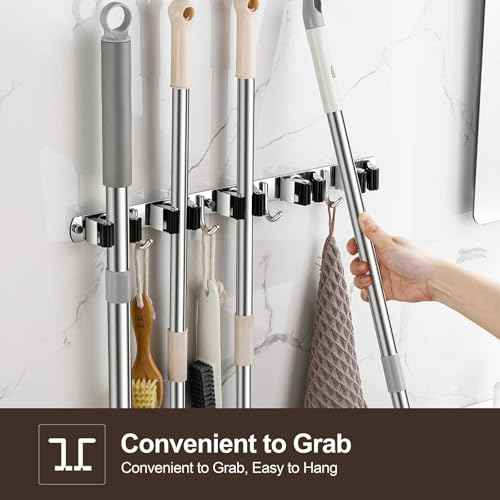 2 Pack Wall Mount, Stainless Steel Broom Hanger, Heavy Duty Mop and Broom Holder Tool Racks Utility Hooks for Laundry Room Garden Garage, Grey (4 Racks and 5 Hooks)