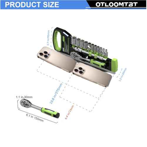 15pcs 1/4 Inch Drive Ratchet Socket Wrench Set, with Metric 4-14mm and Front and Rear Quick Released Ratchet Handle and Extension Bar Universal Joint Hand Drill Adapter, Portable Organizer