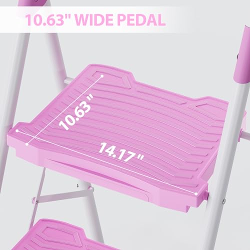 KINGRACK Pink 3-Step Ladder with Handrail, Anti-Slip Wide Pedals, 900lbs Capacity, Foldable Household & Garage Step Stool